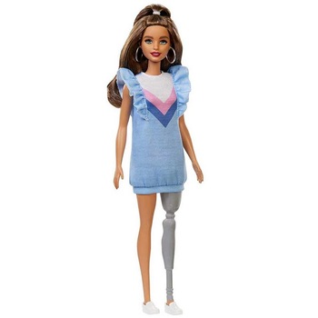 Papusa Barbie Fashionista cu par lung saten, proteza de picior, 3 ani + Papusa Barbie Fashionista cu par lung saten, proteza de picior, 3 ani +