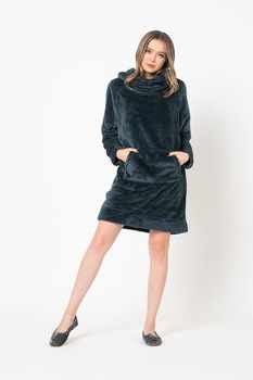 ESPRIT Bodywear, Rochie de casa cu aspect texturat si guler inalt Jarah, Albastru petrol ESPRIT Bodywear, Rochie de casa cu aspect texturat si guler inalt Jarah, Albastru petrol