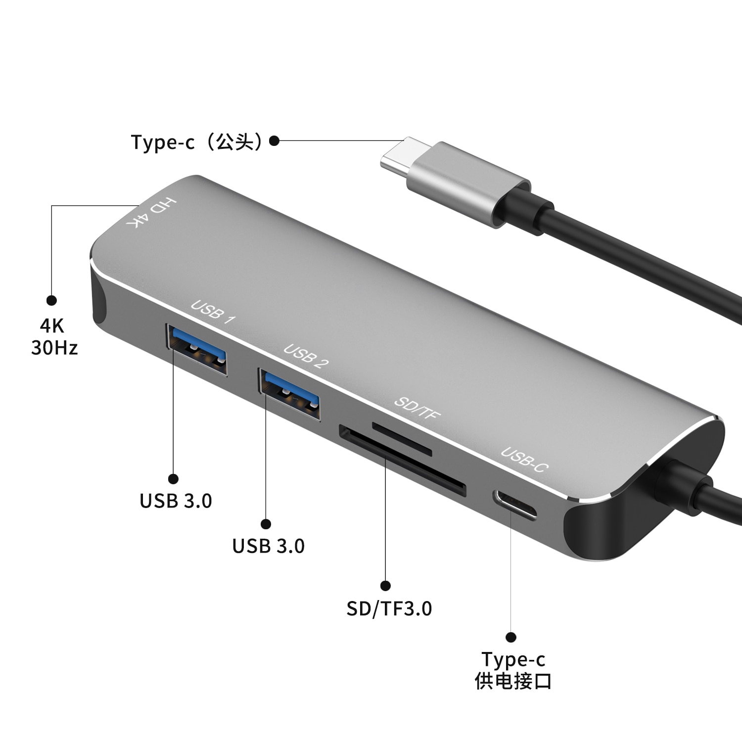 Hub USB 3.1 Type-C MinTech XTC06 6 in 1 Type-c Hub Adapter to HDM+2*USB3.0+SD/TF+PD