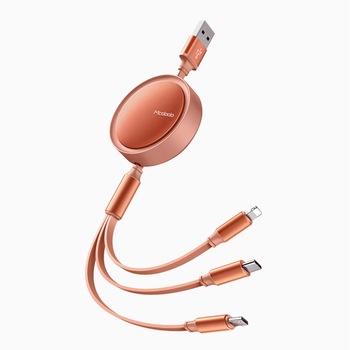 Cablu retractabil 3 in 1 McDodo CA-725, Fast Charging, microUSB/Type-C/Lightning, Plat, Portocaliu Cablu retractabil 3 in 1 McDodo CA-725, Fast Charging, microUSB/Type-C/Lightning, Plat, Portocaliu