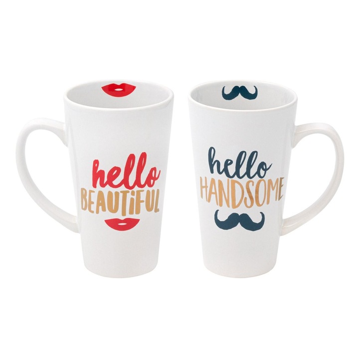 Set 2 cani ceramica indragostiti, Hello Beautiful&Handsome, 475 ml