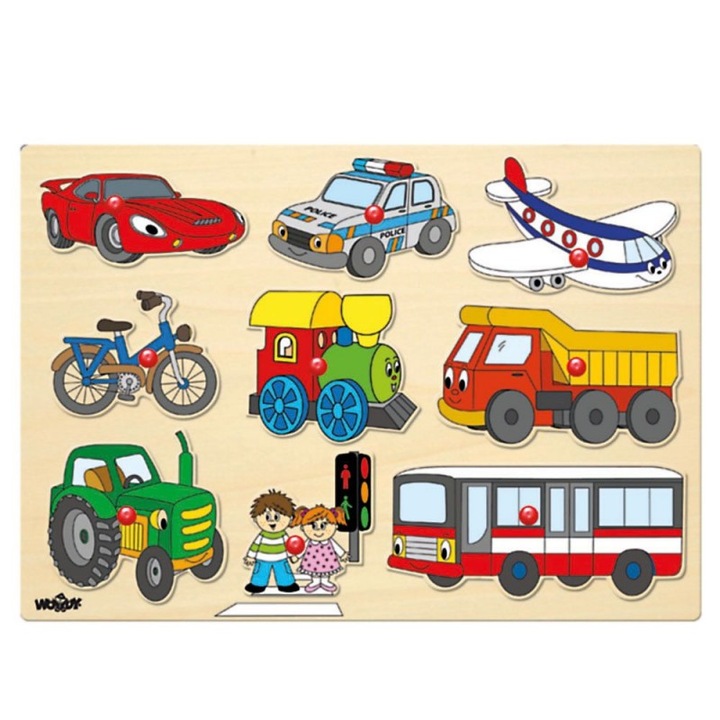 Дървен пъзел с дръжки Woody, Коли, 9 части