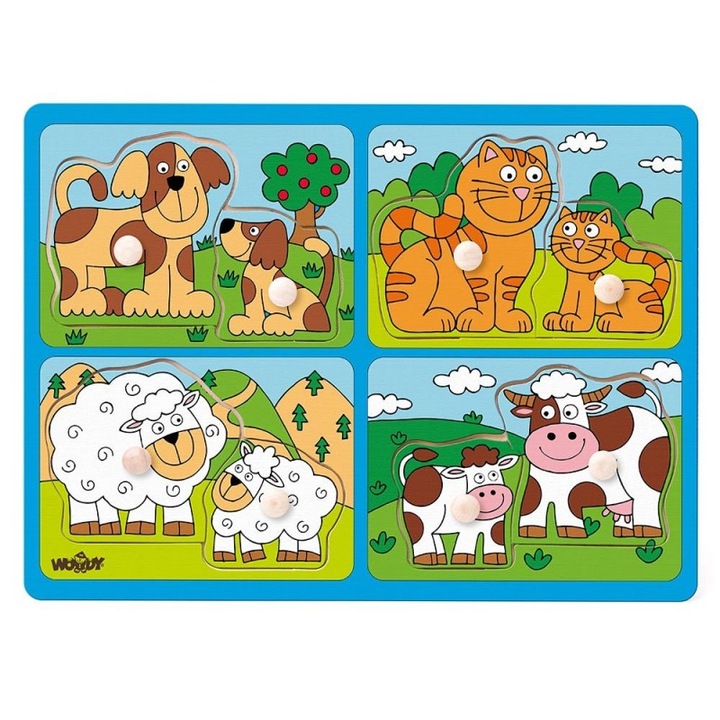 Дървен пъзел с дръжки Woody, Дом. животни и техните малки, 8 части