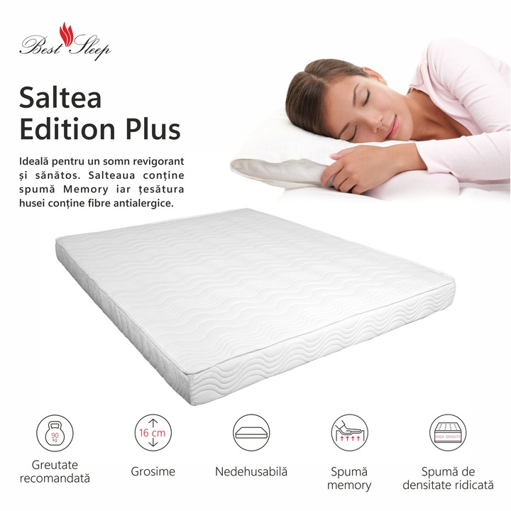 Saltea ortopedica, Best Sleep Edition Plus Memory, 70x200x16cm, spuma poliuretanica cu memorie, antibacterian, hipoalergenic, ferma
