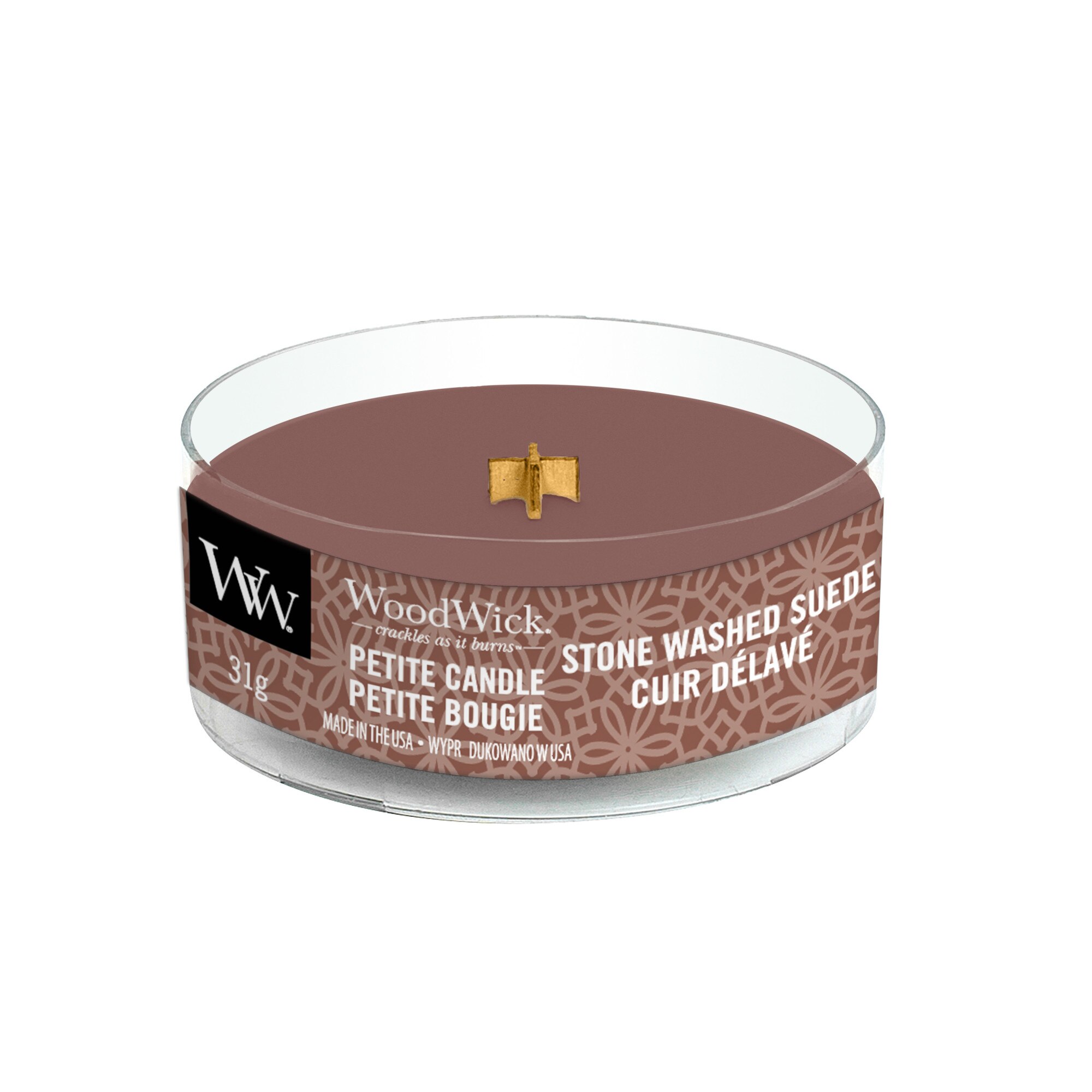 Lumanare Parfumata Petite Stone Washed Suede, WoodWick®