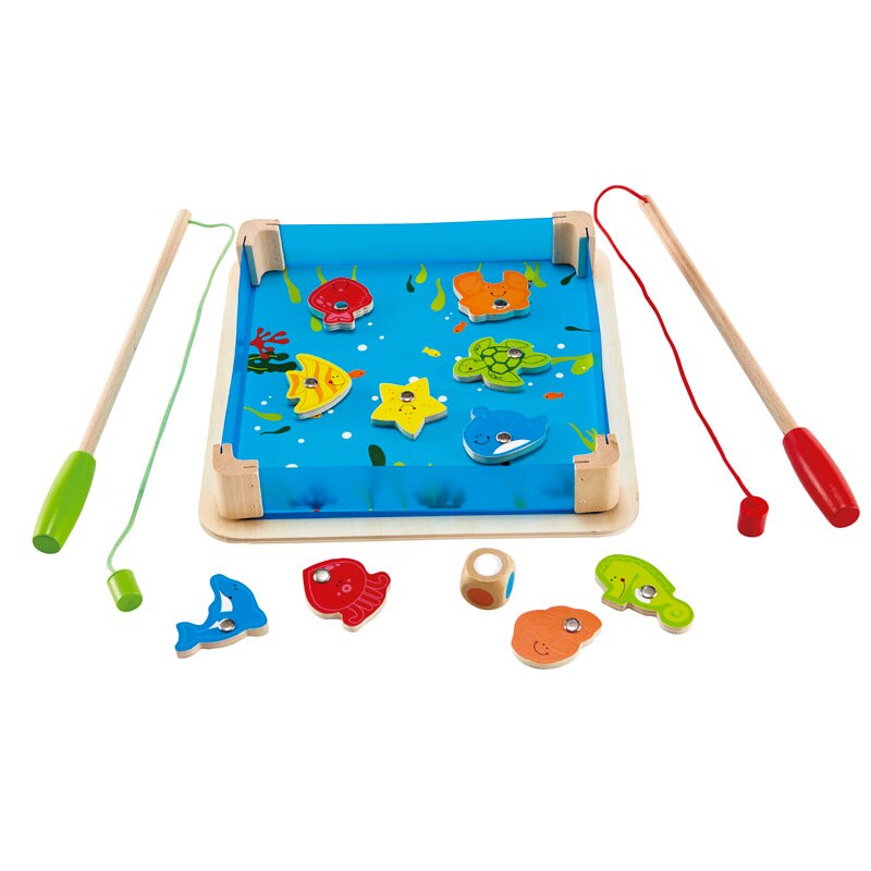 Joc de pescuit din lemn, cu magneti, 2 undite, Unitoys