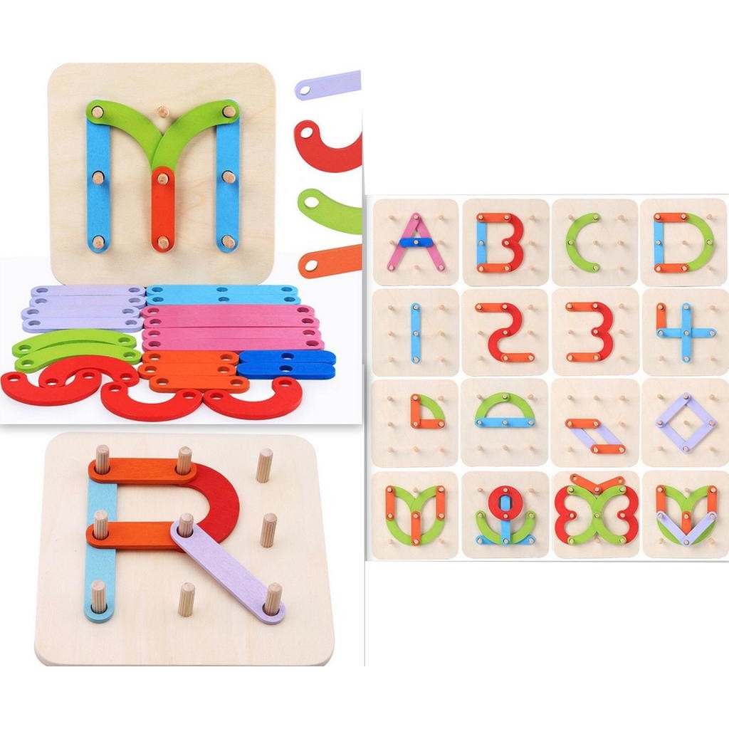 Joc montessorii Geoboard, din lemn, cu cifre, litere, culori, Unitoys