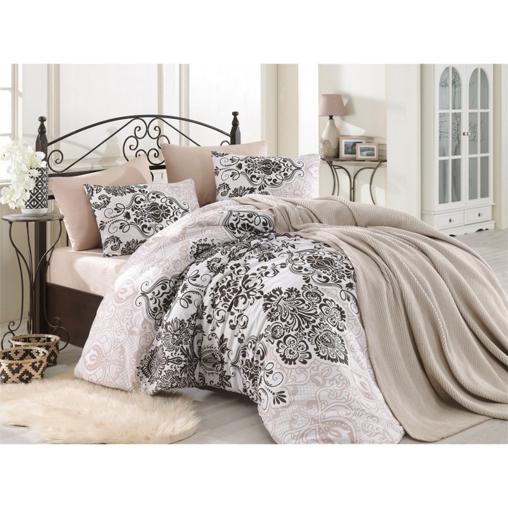 5 darabos szett, ágynemű + takaró, Nazenin Home, Luxus - Barna