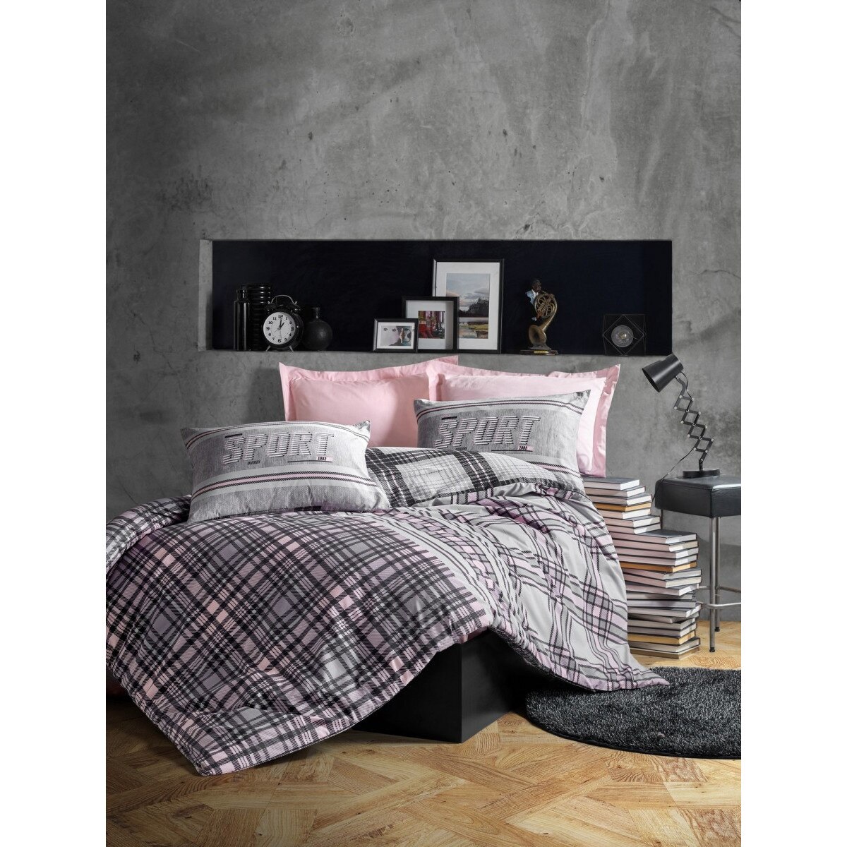 Lenjerie pat dublu, bumbac 100% ranforce, 4 piese, Cotton Box, Dusty Rose Grey