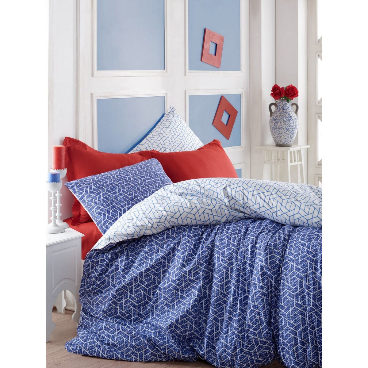 Lenjerie pat dublu, bumbac 100% ranforce, 4 piese, Cotton Box, Pave - Claret Red