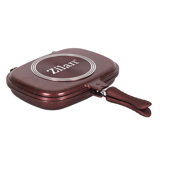 Tigaie dubla ZILAN, Diametru 30 cm, Marmura, Garnitura silicon de rezerva, Manere magnetice, Rosu