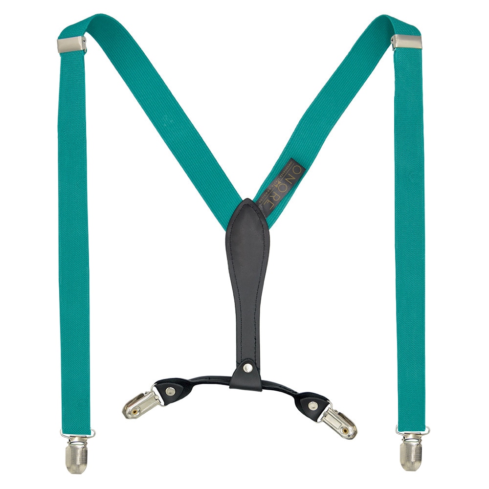 Bretele slim, Onore, poliester, latex si piele ecologica, turcoaz, reglabile si elastice, 80 - 120 x 2.5 cm