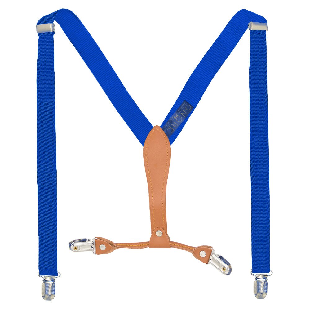 Bretele slim, Onore, poliester, latex si piele ecologica, albastru, reglabile si elastice, 80 - 120 x 2.5 cm