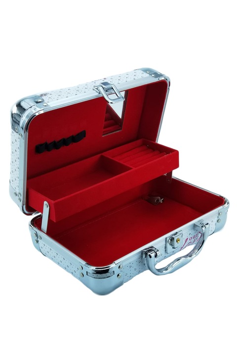 Kate ékszerdoboz, aktatáska típusú, minőségi anyagból, könnyen szállítható, ezüst részletek, 2 szint, 2 kulcs, szerelmi történet modell, 25 cm, doty