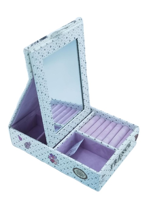 Fairy France ékszerdoboz, elegáns, ezüst applikációkkal és illusztrációkkal, fedéllel nyíló, tükör, 22 cm, többszínű, doty