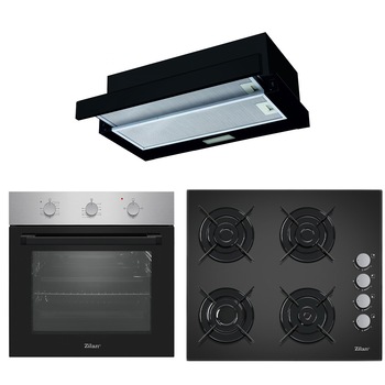 Pachet Cuptor incorporabil, Electric, 2200W, Timer 90 min, 70 l, Inox + Plita incorporabila Sticla neagra, Gaz butelie sau gaz natural (duze de schimb incluse), 59x51 cm, Aprindere Electrica + Hota incorporabila telescopica ZILAN, 190W, 2 motoare, 60cm Pachet Cuptor incorporabil, Electric, 2200W, Timer 90 min, 70 l, Inox + Plita incorporabila Sticla neagra, Gaz butelie sau gaz natural (duze de schimb incluse), 59x51 cm, Aprindere Electrica + Hota incorporabila telescopica ZILAN, 190W, 2 motoare, 60cm