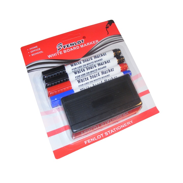 Marker whiteboard, 4buc/set + burete, 3 culori, varf rotund 0.7-1.5 mm, pe baza de alcool