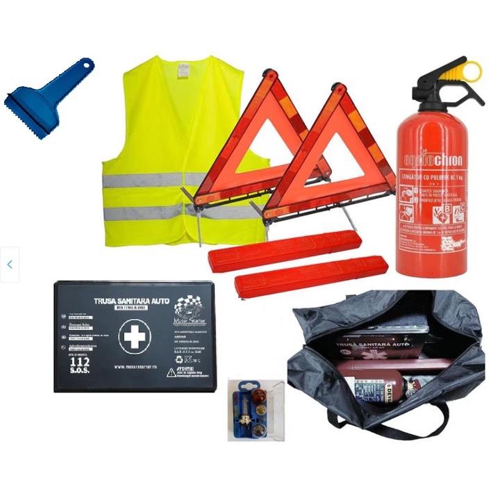 Kit complet omologat Motor Starter - trusa medicala omologata, 2 x triunghi reflectorizant, vesta, stingator cu pulbere P1, set sigurante cu bec H7, racleta/razuitor gheata