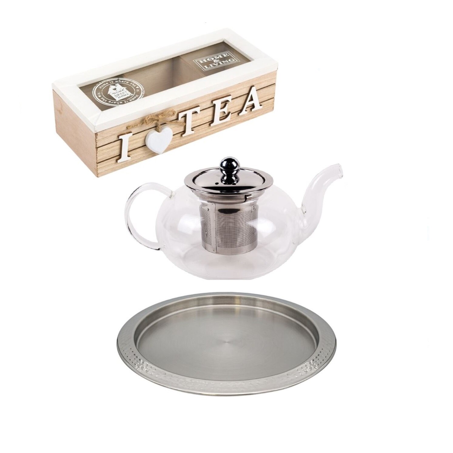 Set servire ceai S, format din ceainic 600 ml, cutie ceai, tava servire inox, 3 buc