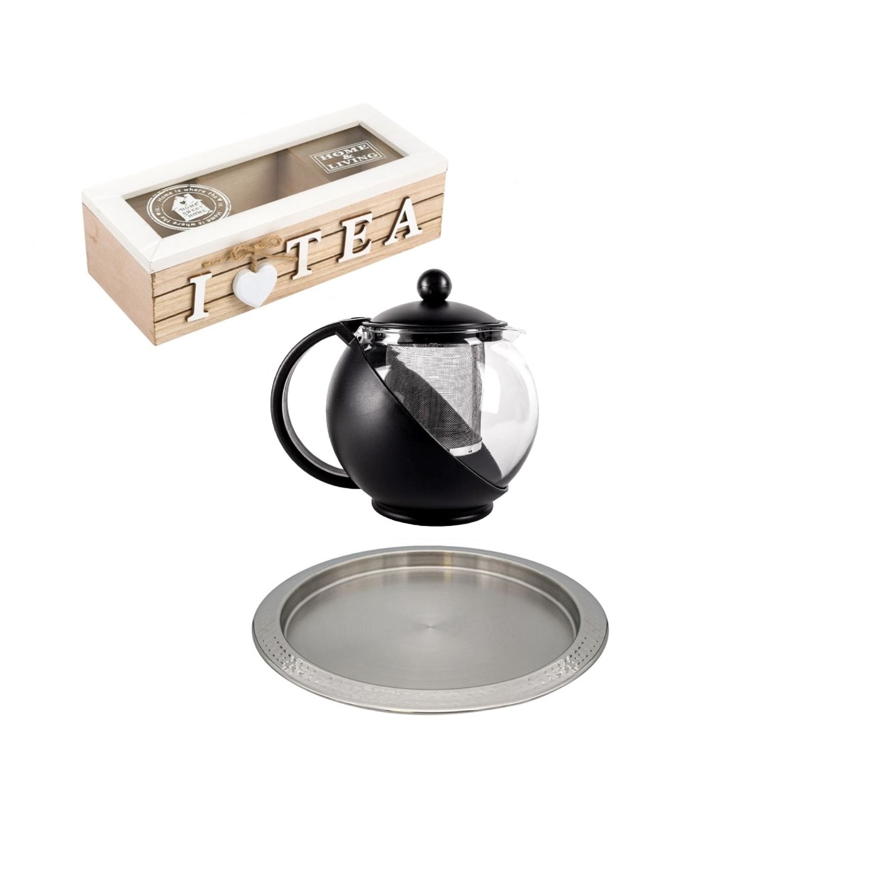 Set servire ceai S, format din ceainic 1250 ml, cutie depozitare ceai, tava servire inox, 3 buc