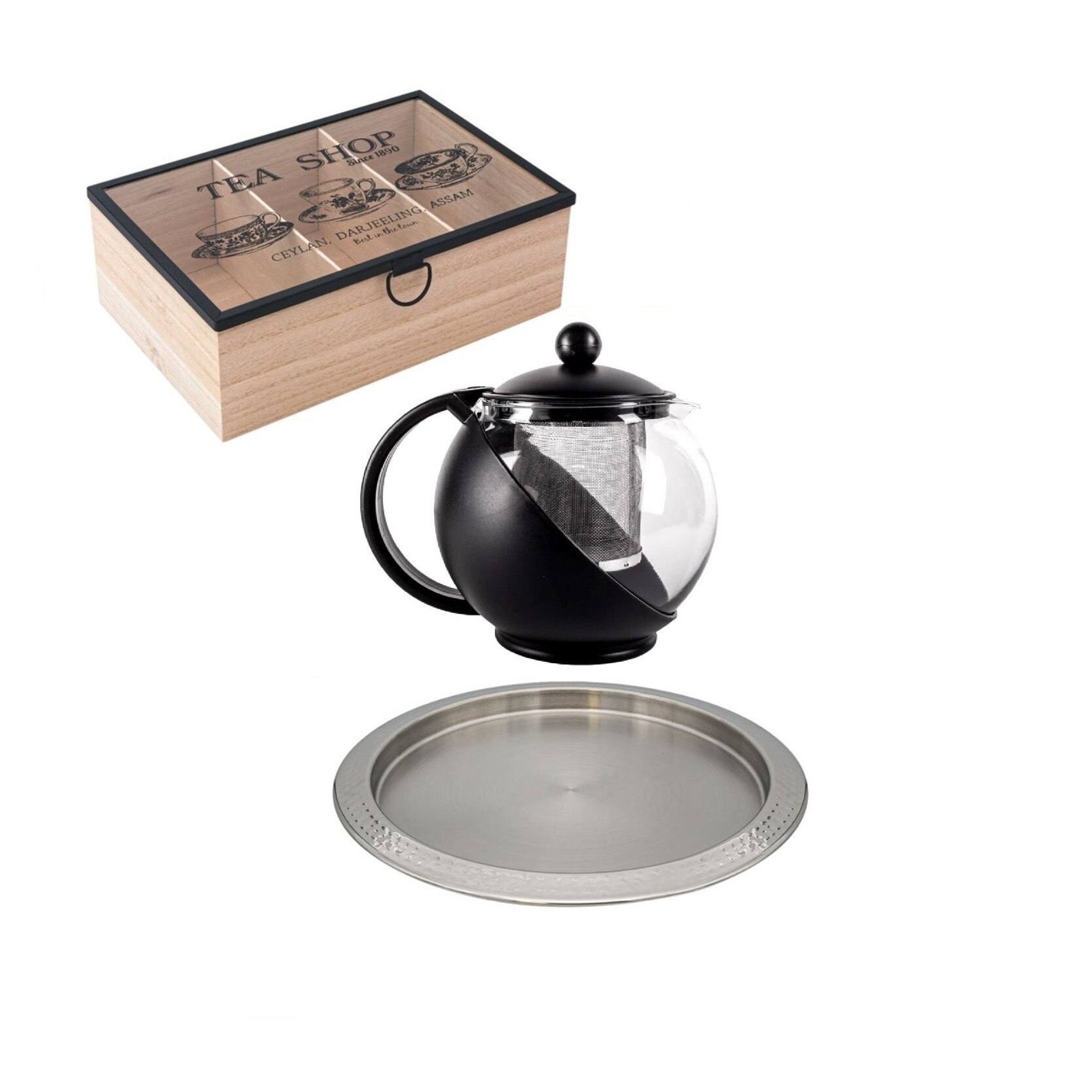 Set servire ceai L, format din ceainic 1250 ml, cutie depozitare ceai, tava servire inox, 3 buc