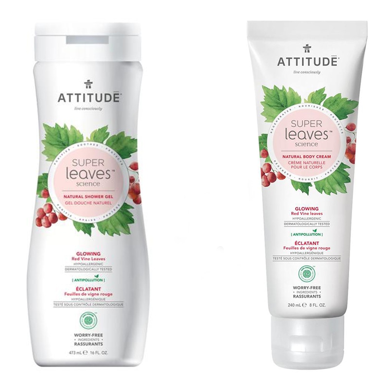 Pachet Gel de dus ecologic Attitude Superleaves stralucirea pielii, frunze de vita de vie, 473 ml + Crema de corp ecologica Attitude Superleaves stralucirea pielii, frunze de vita de vie, 240 ml