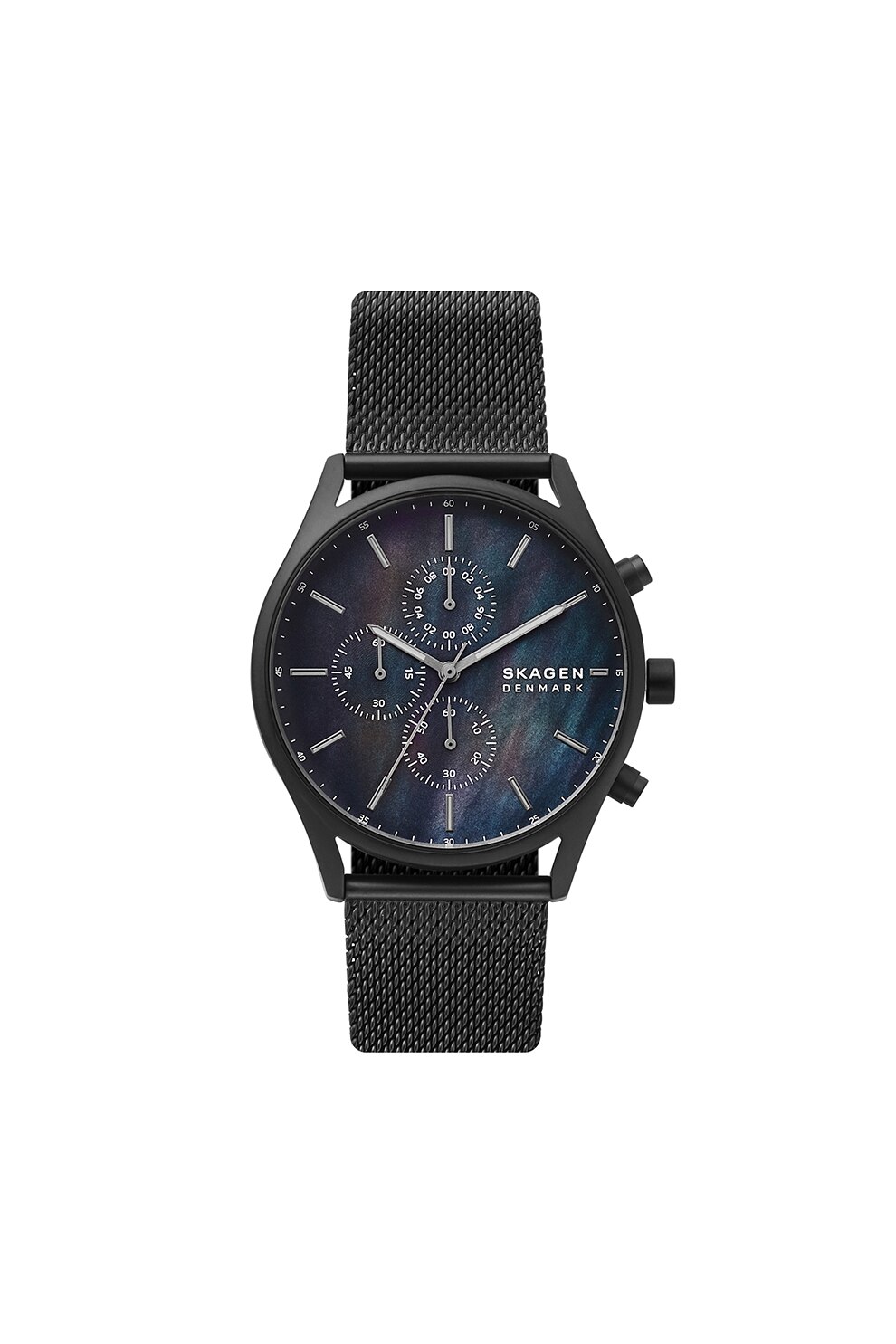 Skagen, Ceas cronograf cu o bratara cu model tip plasa Holst, Negru