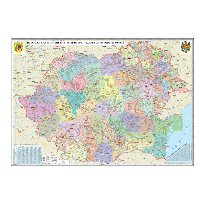 Harta administrativa Romania si Republica Moldova (700x500mm), fara sipci, Eurodidactica