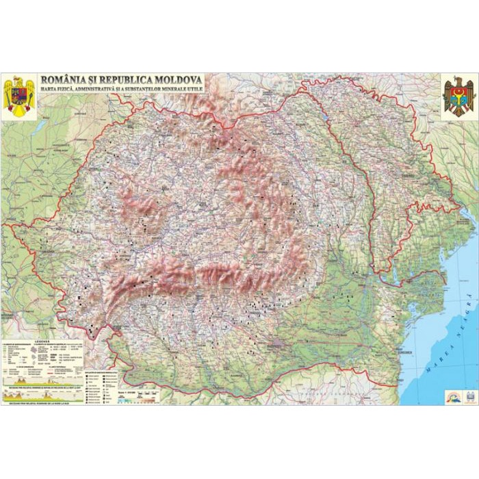Harta fizica, administrativa si a substantelor minerale utile, Romania si Republica Moldova (1000 x 700mm), fara sipci, Eurodidactica