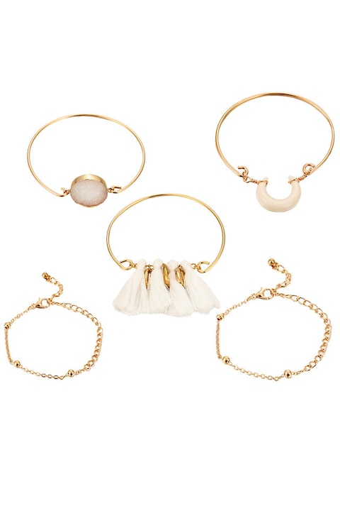 Set 5 bratari elegante, medalion rotund, canafi, lantisoare si colt alb, Auriu