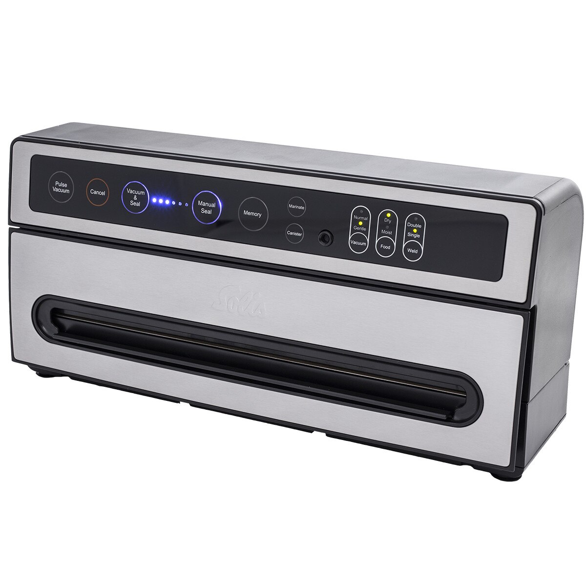 Aparat de vidat compact Solis, VertiVac 5704, complet automat, cu functie de sudura dubla, functie pulse, 13 litri/min, panou de control touch, putere mare aspirare, -0.8 bar, argintiu/negru