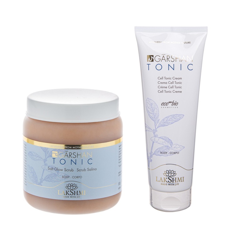 Set 2 produse anticelulitice pentru celulita moale 750ml, Lakshmi, crema anticelulitica si scrub cu saruri de mare, sustine curele de slabit, cu alge marine, certificare bio-organica