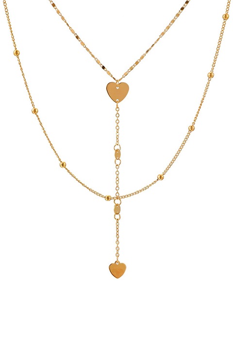 Colier Minimal multilayer cu 2 lantisoare subtiri, inimioare, banuti si margelute, Auriu
