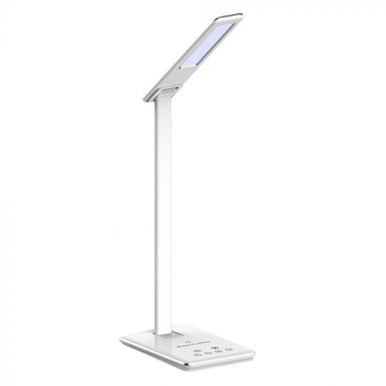 Lampa LED pentru birou V-Tac, incarcator telefon wireless 1A, control touch, USB, 5W, 800 lm, temeperatura lumina calda/rece, Aluminiu, Alb Lampa LED pentru birou V-Tac, incarcator telefon wireless 1A, control touch, USB, 5W, 800 lm, temeperatura lumina calda/rece, Aluminiu, Alb