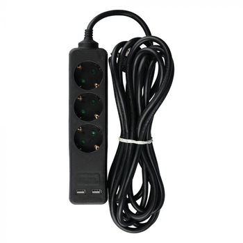 Prelungitor V-Tac, 3 Prize, 2xUSB, cablu 5m, 3G 1.5mm, Negru Prelungitor V-Tac, 3 Prize, 2xUSB, cablu 5m, 3G 1.5mm, Negru