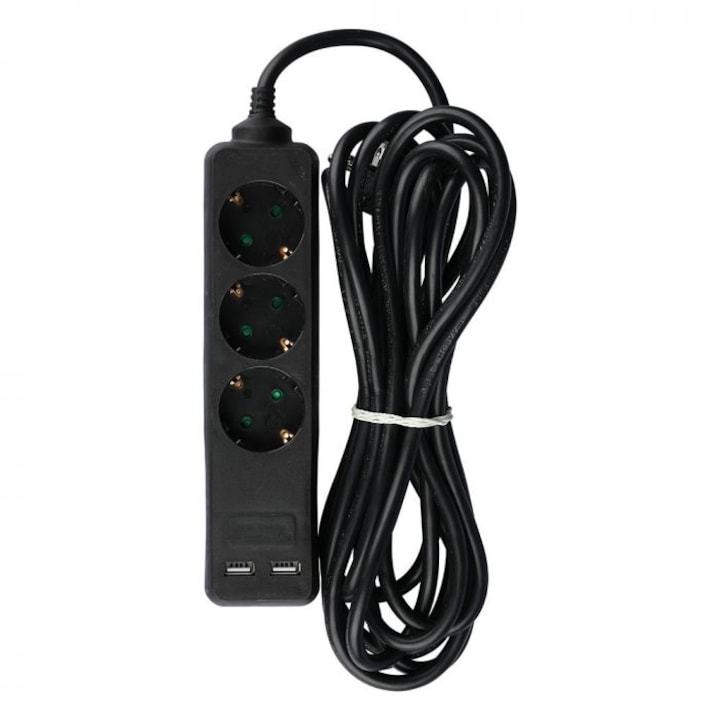V-Tac hosszabbító, 3 aljzat, 2xUSB, 5 m-es kábel, 1,5 mm-es 3G, fekete