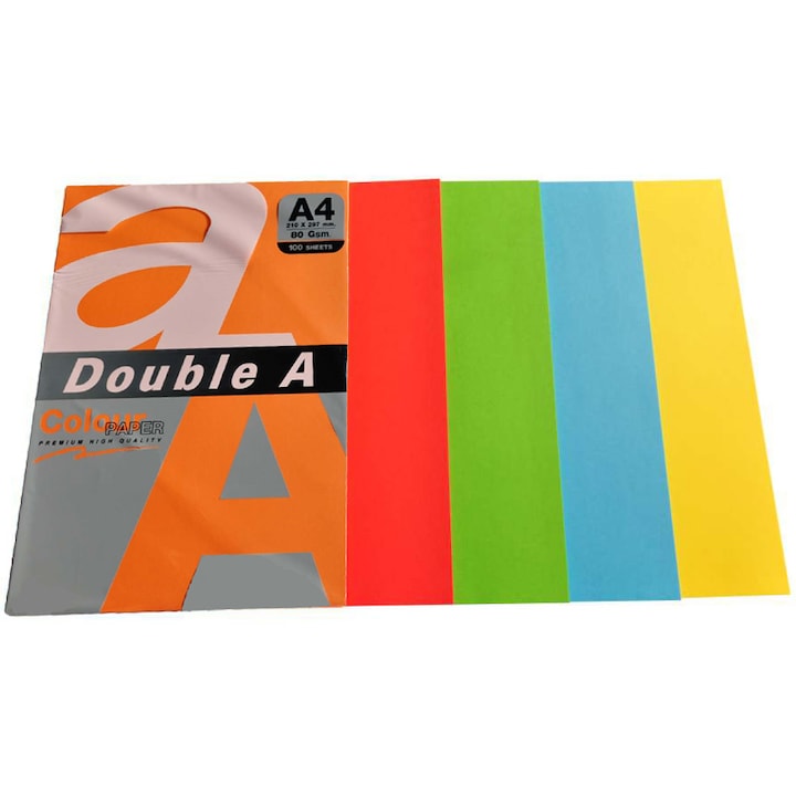 Копирна хартия Double A, Цветна, A4, 80 гр/м2, 100 листа/топ, Тъмножълт, Червен, Оранжев, Тъмносин, Зелен