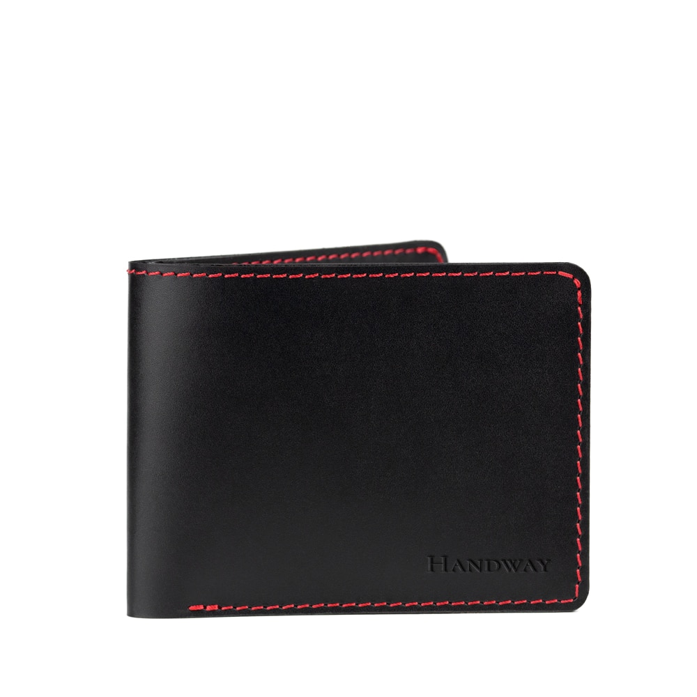 Portofel din piele naturala, Handway, Classic, Premium, Realizat manual, Compartiment buletin, Negru, Culoare cusatura: Rosu