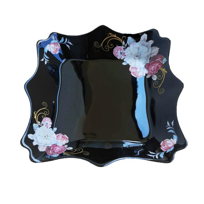 Set 6 farfurii negre opal,patrate,adanci,20cm,decor floral trandafiri
