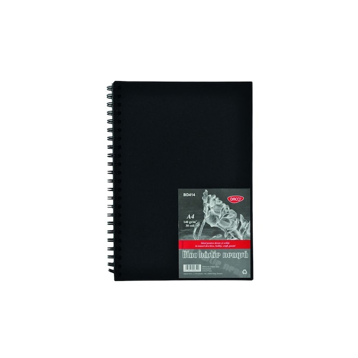 Fekete papír spirálfüzet, Daco, A4 formátum, 30 lap, 140 g/m2