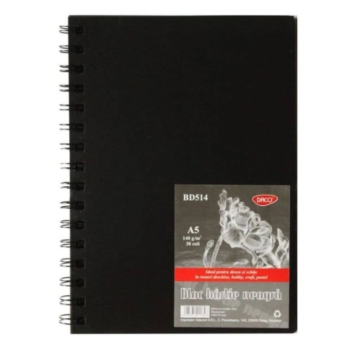 Vázlattömb fekete papír, Daco, A5 formátum, 30 lap, 140 g/m²