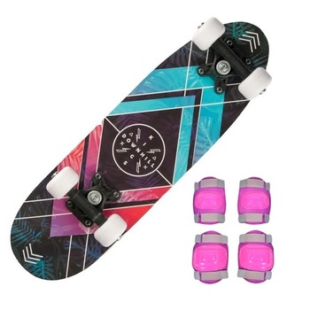 Set Skateboard Kings DownHill cu genuchiere si cotiere pentru fete, 53 cm, baza antiderapanta, multicolor Set Skateboard Kings DownHill cu genuchiere si cotiere pentru fete, 53 cm, baza antiderapanta, multicolor