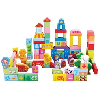 Blocuri de lemn educationale ecotoys 100 de piese ferma Blocuri de lemn educationale ecotoys 100 de piese ferma
