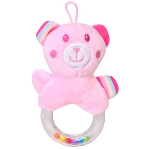 Jucarie zornaitoare din plus, Zola®, cu inel, ursulet roz, 16 cm