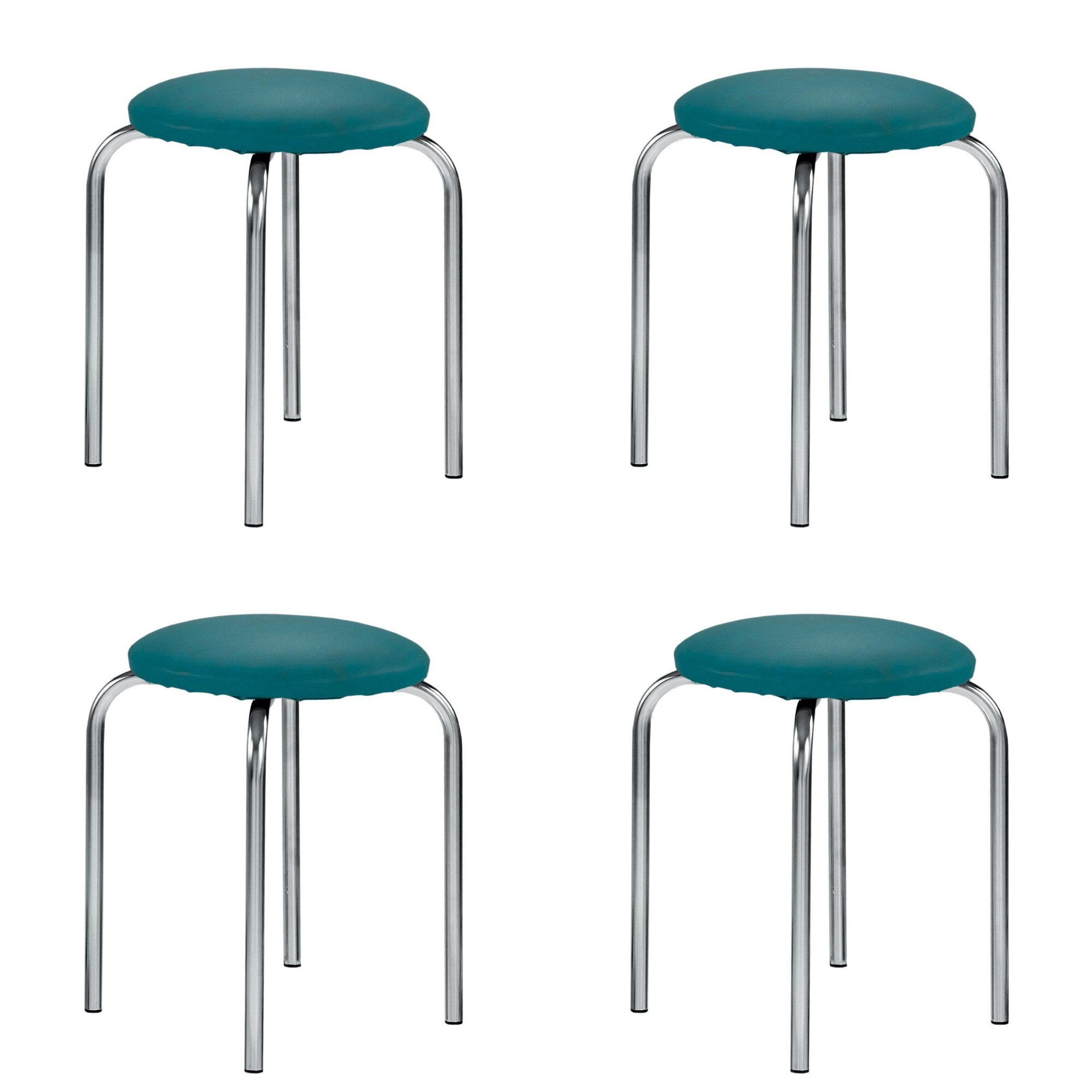 Set 4 scaune de tip taburet Chico, cadru cromat, piele ecologica, turcoaz