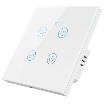 Intrerupator inteligent de perete, WiFi, cu touch, cu sau fara nul, 4 canale, compatibil TuyaSmart, SmartLife, IFTTT, Google Home, Amazon Alexa, culoare alb, panou frontal din sticla - Model DS-101NL-4-W Intrerupator inteligent de perete, WiFi, cu touch, cu sau fara nul, 4 canale, compatibil TuyaSmart, SmartLife, IFTTT, Google Home, Amazon Alexa, culoare alb, panou frontal din sticla - Model DS-101NL-4-W