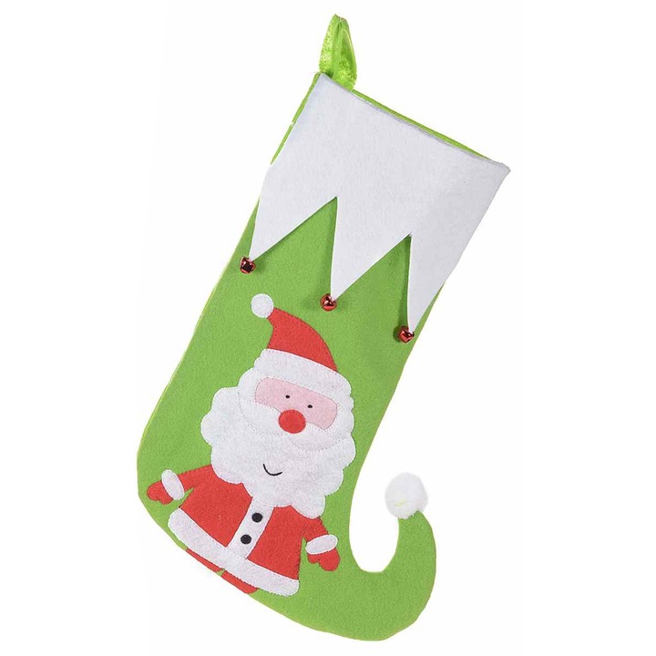 Ciorap decorativ Craciun verde alb rosu model Mos Craciun 27x40 cm