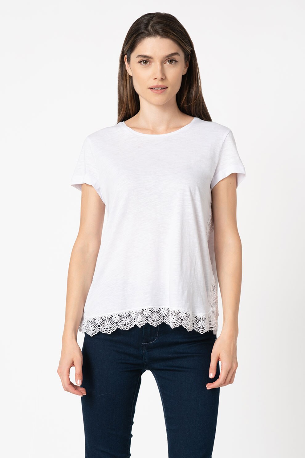 Mustang, Tricou cu decolteu la baza gatului si detalii cu dantela Alina, Alb