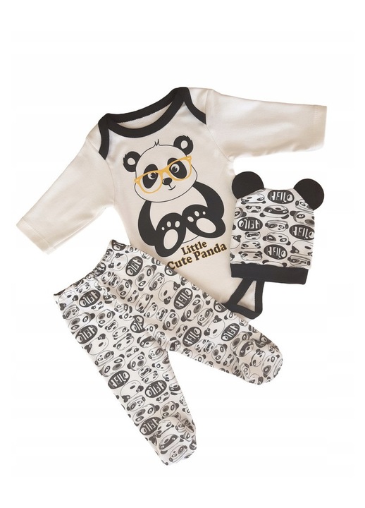 Set compleu haine copii, format din body, pantaloni si caciulita, model Panda, marime 62