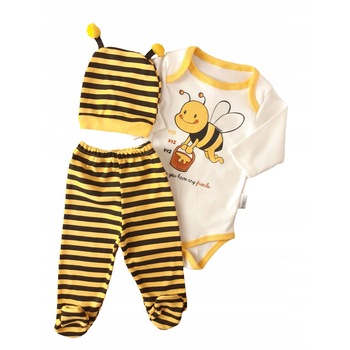Set compleu haine copii, format din body, pantaloni si caciulita- model Albina, Alb/Galben Set compleu haine copii, format din body, pantaloni si caciulita- model Albina, Alb/Galben